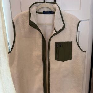 Ralph Lauren White Fleece Vest with Green Trim